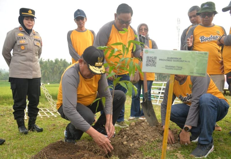 Gubernur Gorontalo Gusnar Ismail menanam pohon di akses jalan GORR, Desa Biyonga, Kecamatan Limboto, Rabu (10/12/2025). (Foto: Istimewa)