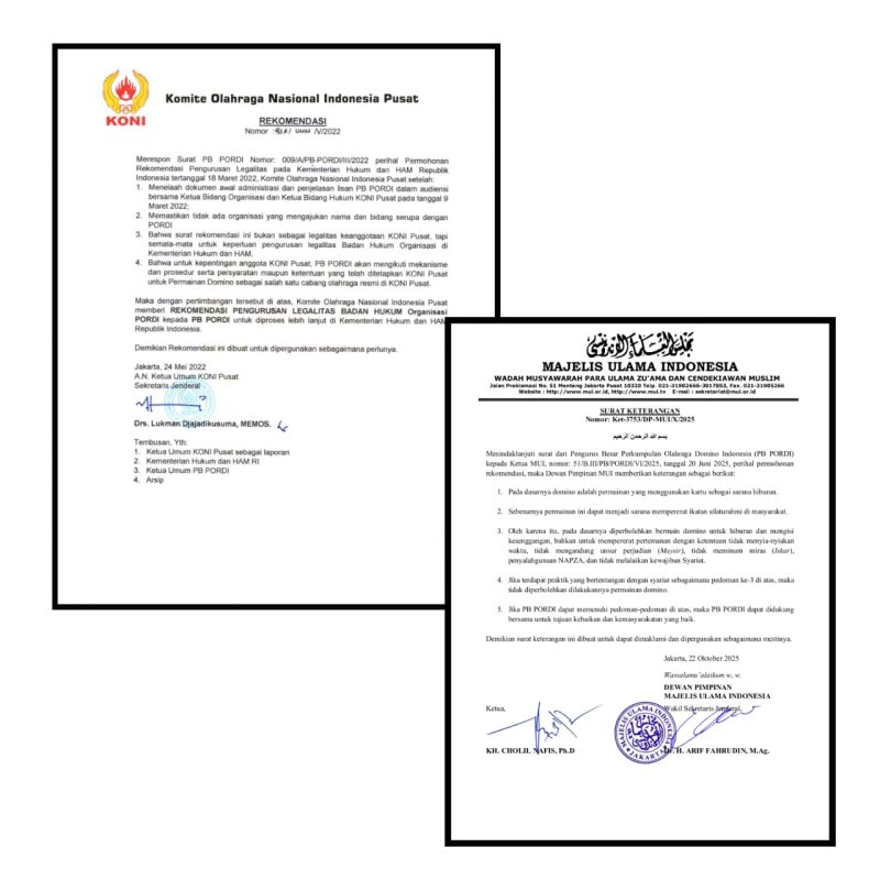 Surat rekomendasi KONI Pusat perihal pengurusan legalitas PB PORDI dan Surat Keterangan MUI terkait permainan domino yang boleh dimainkan sebagai hiburan dan sarana silaturahmi selama bebas dari unsur perjudian dan melanggar syari'at, (Foto: Ist).
