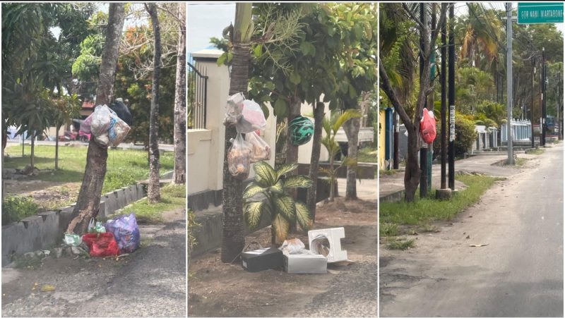 Pohon di Kecamatan Kota Tengah, Kota Gorontalo berubah jadi tempat pembuangan sampah. Rabu (18/2/2026). (Foto: Redaksi).